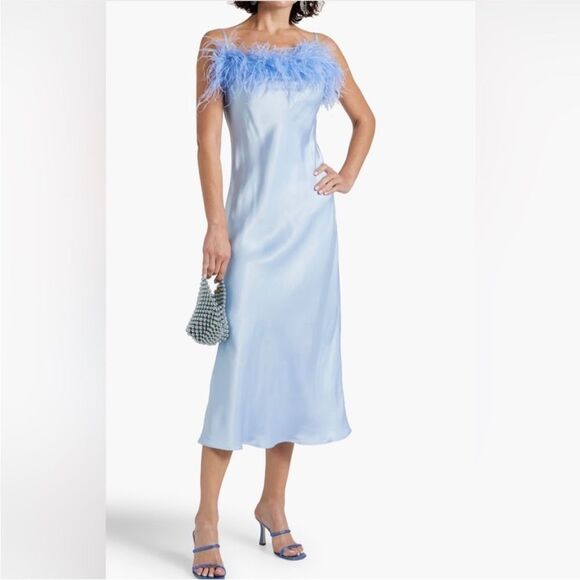 NWT SLEEPER Boheme Feather-trimmed Midi Slip Dress in Ecovero Blue M - Picture 7 of 11